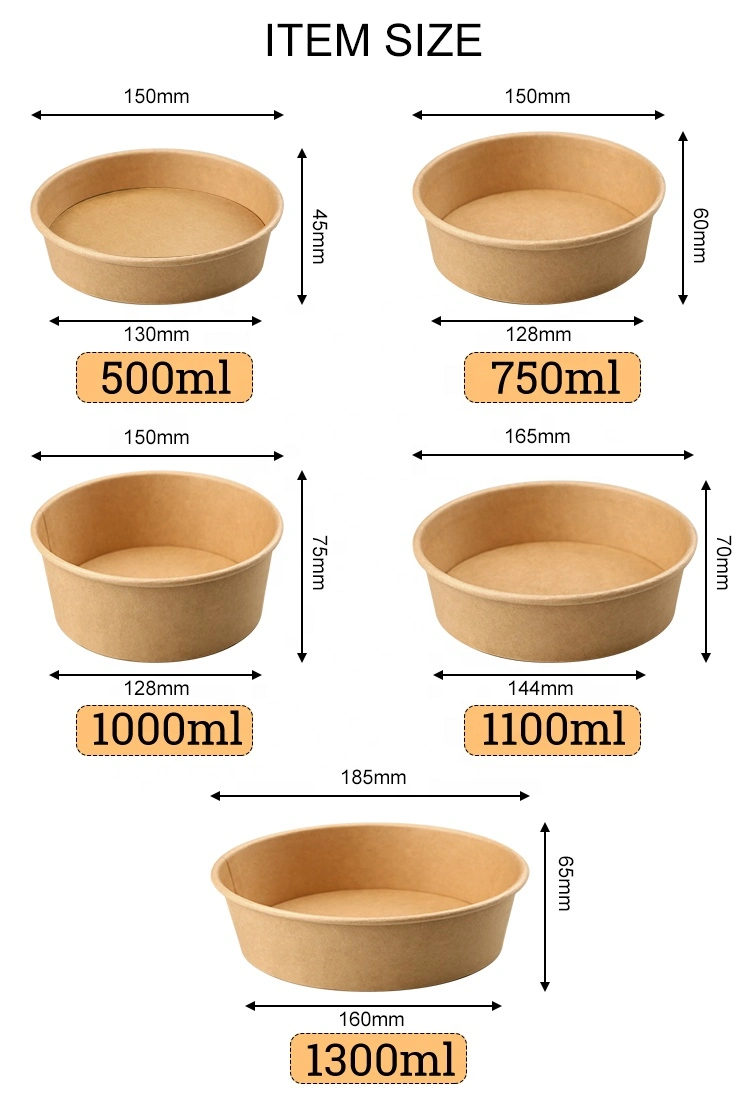 1000 Ml 32 Oz Wholesale Customized Printing Water-Proof Kraft Paper Salad Bowl Rice Paper Bowl with Lids