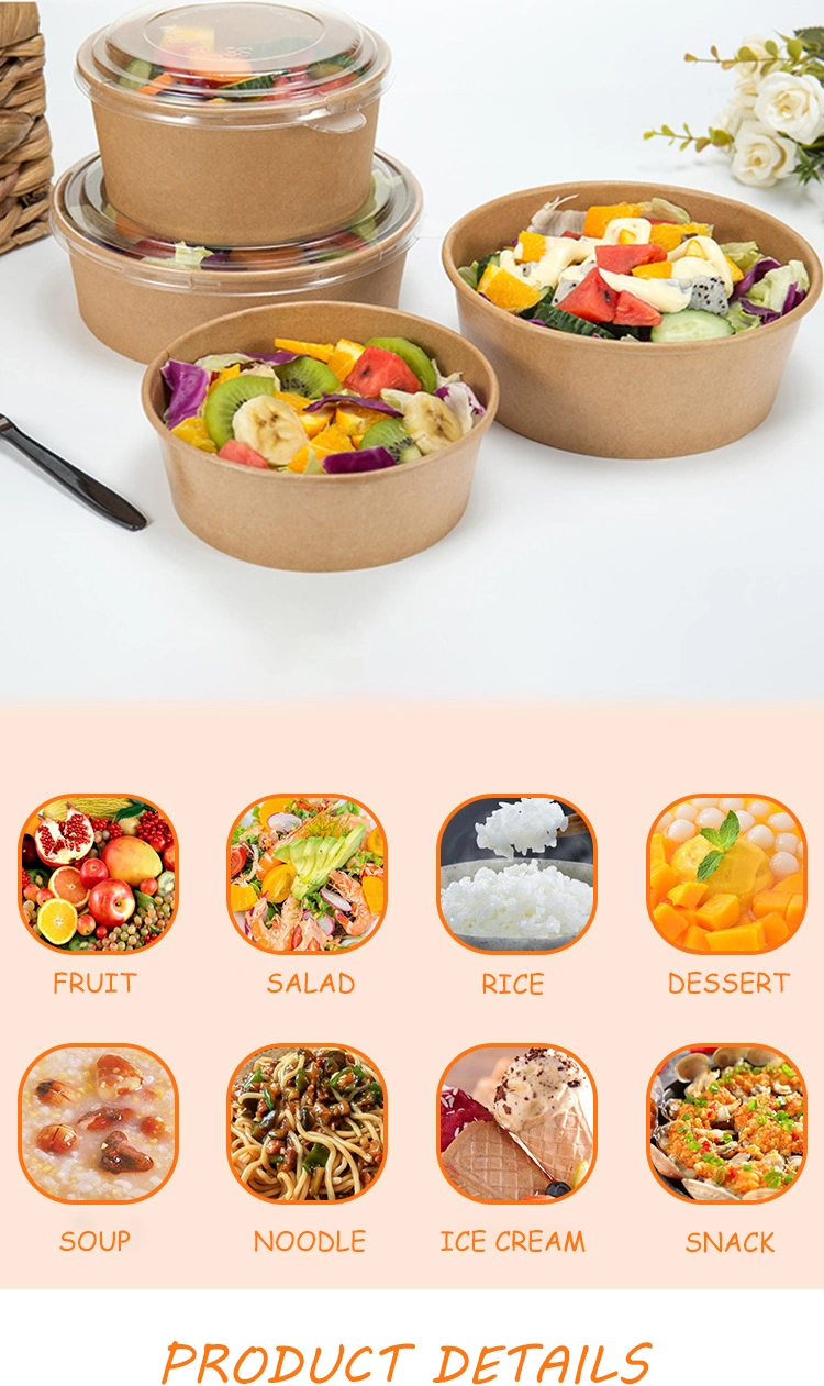 1000 Ml 32 Oz Wholesale Customized Printing Water-Proof Kraft Paper Salad Bowl Rice Paper Bowl with Lids