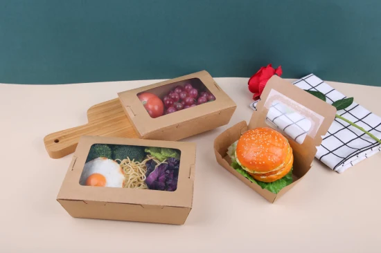 Disposable Kraft Paper Lunch Box Eco Friendly Takeaway Food Packaging Box with Pet Window