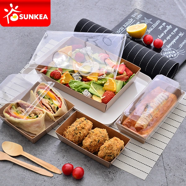 500ml 600ml Kraft Paper Box Rectangle Sandwich Cake Tray with Pet Lid Takeaway Food Package