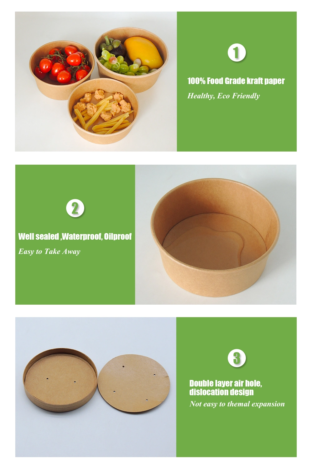 Disposable 750ml Take Away Food Box Kraft Paper Food Packaging Kraft Paper Salad Bowl with Lid